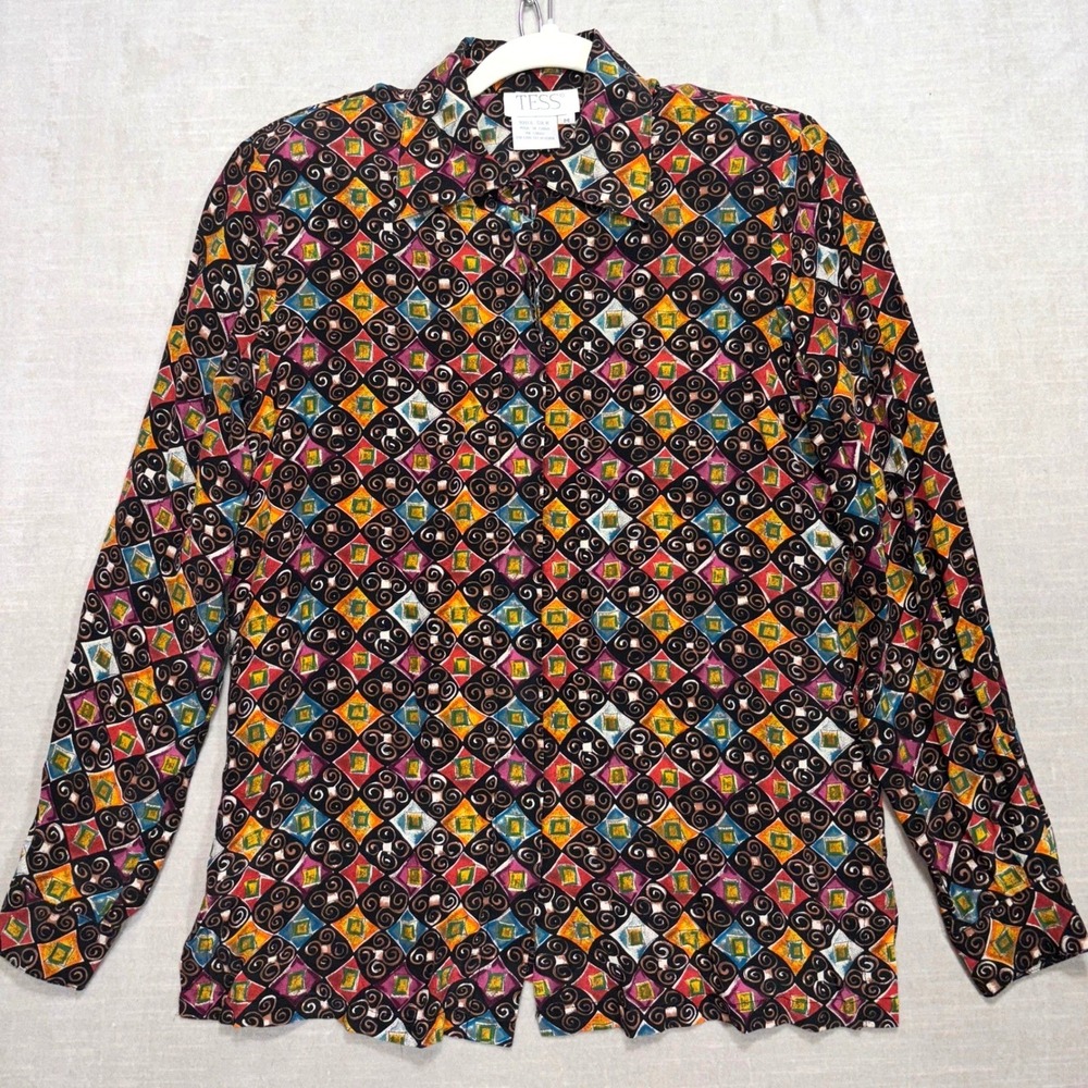 Vintage Tess Silk Blouse‎ Womens M Geometric Button Front Artsy Statement